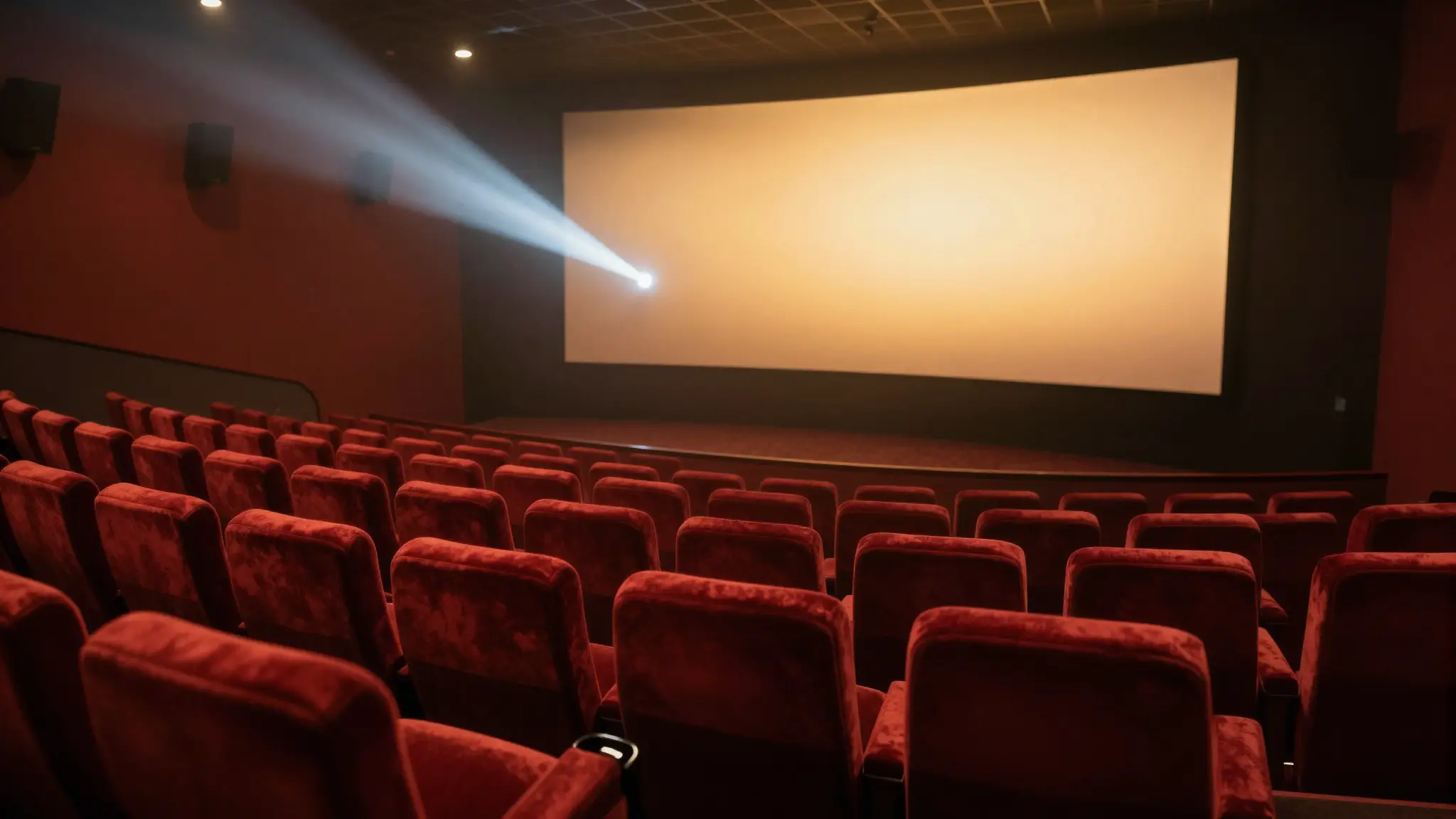 صالة سينما حديثة بإضاءة دافئة ومقاعد مخملية تواجه شاشة عرض الأفلام